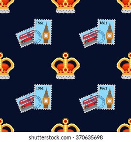 Seamless pattern with crown monarch and stamps to the noble dark blue background.