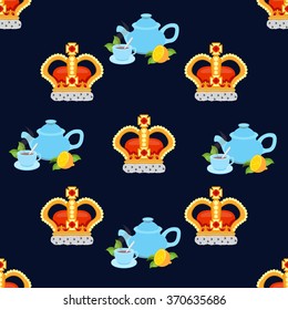 Seamless pattern with crown monarch and tea to the noble dark blue background.