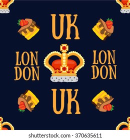 Seamless pattern with crown monarch and the words London to the noble dark blue background.