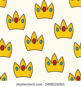 Seamless pattern with Crown on color background. Doodle vector illustration. Queen royal princess symbol. Outline design for drawing greeting cards, fabric, textile.
