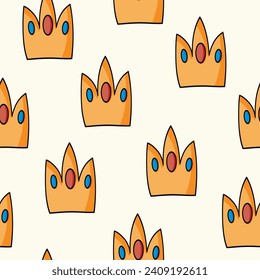 Seamless pattern with Crown on color background. Doodle vector illustration. Queen royal princess symbol. Outline design for drawing greeting cards, fabric, textile.