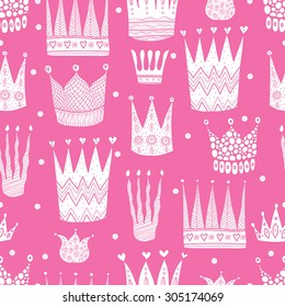 Seamless pattern with crown. Pink vector background.