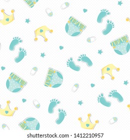 Seamless pattern with crown and print foot and diaper in blue green color for boy. Background for design baby shower celebration. Vector Illustration