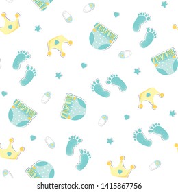 Seamless pattern with crown and print foot and diaper in blue green color for boy. Background for design baby shower celebration. Vector Illustration