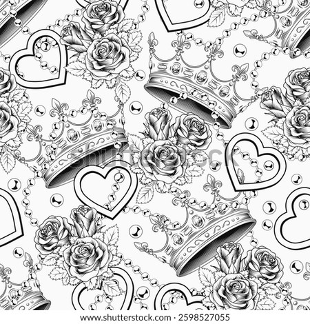 Seamless pattern with crown, scattered pearl necklaces, bouquet of roses. Chaotic scattered objects on white background. Kitsch vintage style.