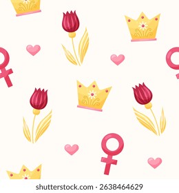 Seamless pattern with crown and tulip on beige background. March 8 Women's Day. Vector illustration.