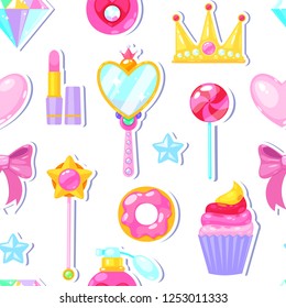 Seamless pattern with crown,diamond,heart,bow,mirrow and other elements on white background