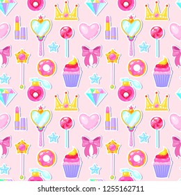 Seamless pattern with crown,diamond,heart,bow,mirrow and other elements on pink background