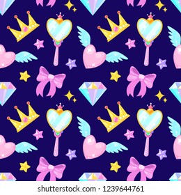 Seamless pattern with crown,diamond,heart,bow,mirrow and stars on dark background