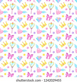 Seamless pattern with crown,diamond,heart,bow,mirrow and stars on white background