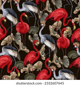 Seamless pattern with crowned cranies and flamingos. Vector