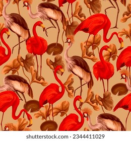 Seamless pattern with crowned cranies and flamingos. Vector