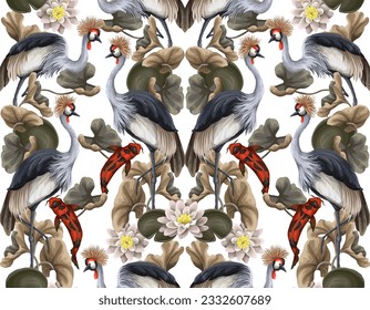 Seamless pattern with crowned cranies and koi fishes. Vector