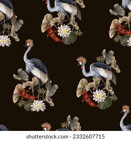 Seamless pattern with crowned cranies and koi fishes. Vector