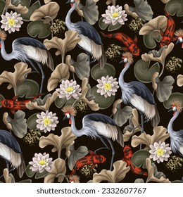 Seamless pattern with crowned cranies and koi fishes. Vector