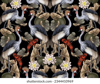 Seamless pattern with crowned cranies and koi fishes. Vector