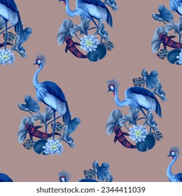 Seamless pattern with crowned cranies and koi fishes. Vector