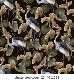 Seamless pattern with crowned cranies and leaves lilies. Vector