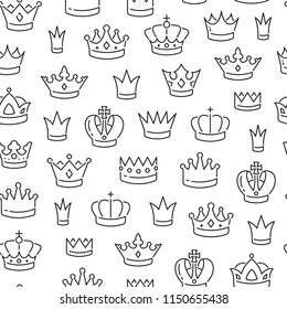 Seamless pattern with crowns. Black and white thin line icons