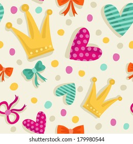 Seamless pattern with crowns, bows, ribbons and hearts.