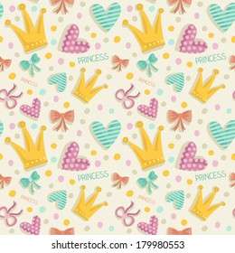 Seamless pattern with crowns, bows, ribbons and hearts. Vector background for princess