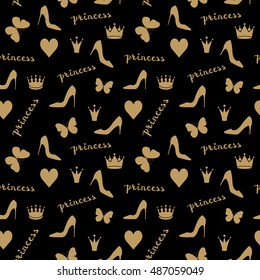 Seamless pattern. Crowns, butterflies, shoes silhouettes in. Fashion objects isolated on black. Use as fabrics, wallpaper, background, wrapping paper etc. Vector illustration.