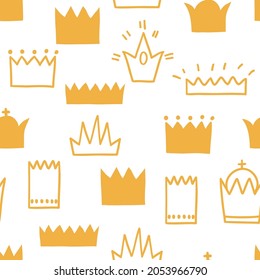 seamless pattern with crowns of different shapes and sizes. vector illustration on white with black line. design for fabric, wrapping paper and background
