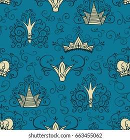 Seamless Pattern with Crowns in doodle style 