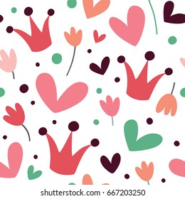 Seamless pattern with crowns and hearts.