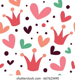 Seamless pattern with crowns and hearts.
