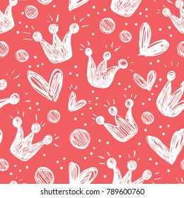 Seamless pattern with crowns and hearts on a red background.