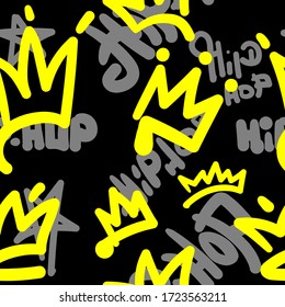 Seamless pattern and crowns   hip hop lettering drawn by hand  Music print  Stylish vector illustration 
