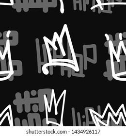 Seamless pattern with crowns and inscriptions Hip Hop. Drawn by hand. Stylish vector illustration.