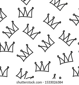 Seamless pattern with crowns isolated on white background. Rough brush painted shapes. Ink street-style abstract grunge illustration.
