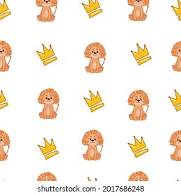 seamless pattern with crowns and lion kid on transparent background