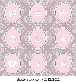 Seamless pattern with crowns on damask.
