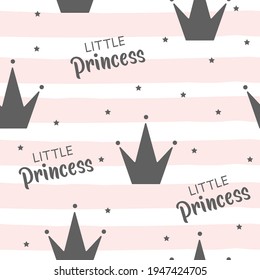 Seamless pattern with crowns on pink. Fashionable print for children's clothing, textiles and paper. Little princess pattern. 
