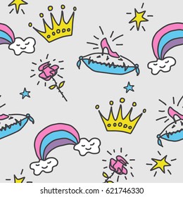 Seamless pattern with Crowns, roses, shoes, stars, rainbows. Little princess background.