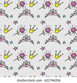 Seamless pattern with Crowns, roses, tiaras, stars. Little princess background.