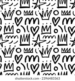 Seamless pattern with crowns, stars, curls and hearts. Hand drawn graffiti drawing symbols. Charcoal doodle childish elements. Vector contemporary seamless pattern with spray and pencil texture.