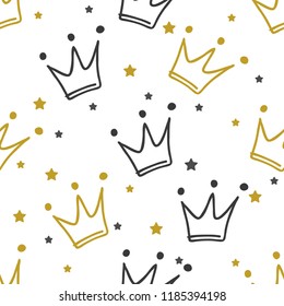 Seamless pattern with crowns and stars. Cute baby and little princess design. Children's room wallpaper and clothes texture.