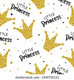 Seamless pattern with crowns and stars. Cute baby and little princess design. Children's  clothes texture.