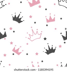 Seamless pattern with crowns and stars 
gray and pink.
