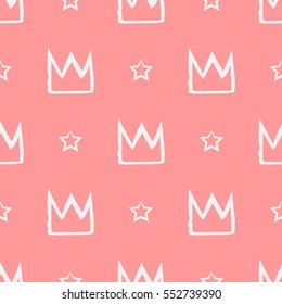 Seamless pattern with crowns and stars painted with a brush. Repeated grunge texture. White, pink. 