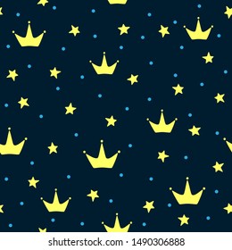 Seamless pattern with crowns, stars and round spots. Cute print for kids. Vector illustration.