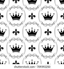 Seamless pattern. Crowns and symbols of royalty. Background for your ideas. Vector illustration