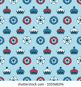 seamless pattern of crowns and tudor roses in red, white and blue, with clipping path