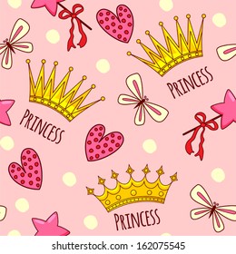 Seamless pattern with crowns, wands, butterflies and hearts. "Princess."