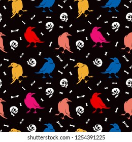 Seamless pattern. Crows among skulls and bones. Raven on a black background. Great for Halloween.