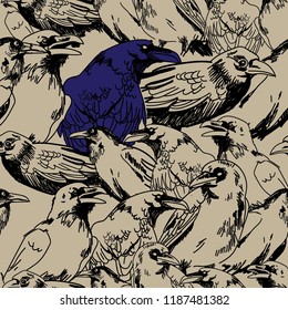 Seamless pattern with crows. Big birds are sitting. Drawing by hand in vintage style. Gothic, stylish background.